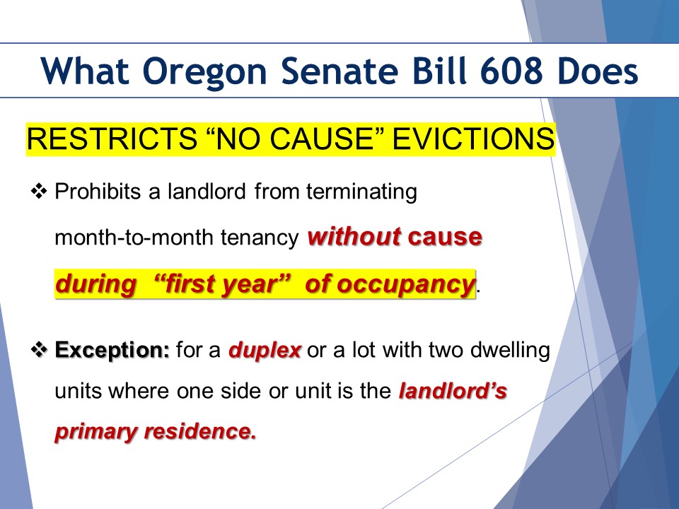 Rent Control Oregon Senate Bill 608 Restrictions on No Cause Evictions