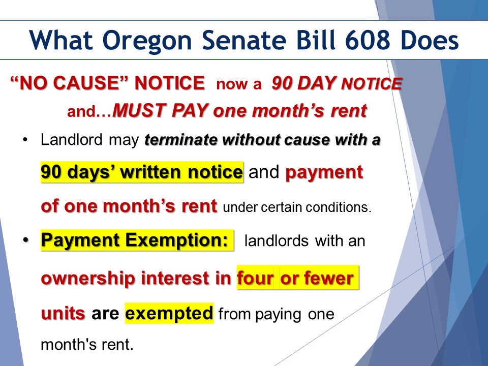 Rent Control Oregon Senate Bill 608 No Cause Eviction Notice and Lease